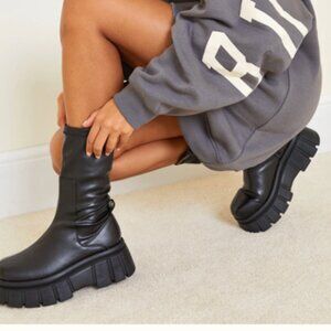 Black Large Cleat Extra Chunky Sole PU Sock Boots